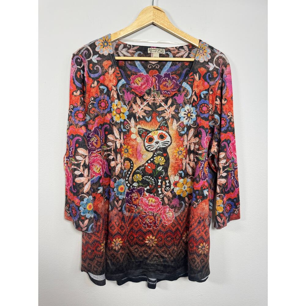 Energe World Fashion Sugar Skull Cat Women Top Blouse 1X Whimsical Artsy Animal